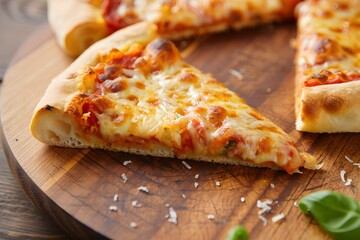 Delicious pizza slice with melted cheese and pepperoni on a wooden cutting board surface