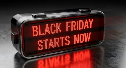 A black friday promotion sign with red neon letters stating black friday starts now on a dark background