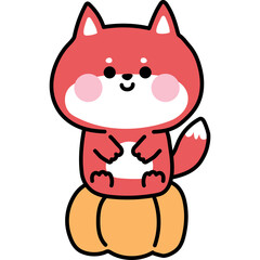 Cute Cartoon Fox Character Sitting on an Orange Pumpkin with White Background and Transparent Background
