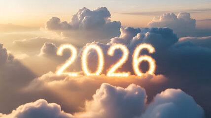 The year 2026 is written in bright light in the sky, surrounded by fluffy clouds at sunset, symbolizing a hopeful and bright future ahead
