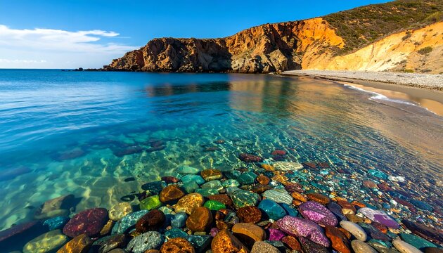 Turquoise sea meets rocky shore, beneath blue sky - Powered by Adobe