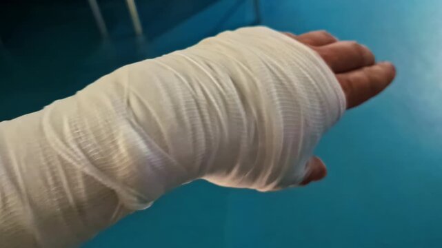 Close up of a hand and wrist being bandaged.