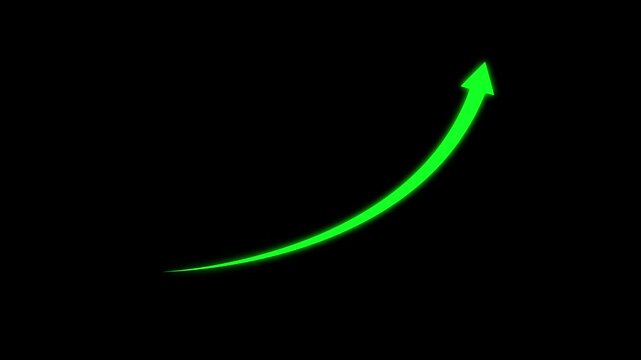 Glowing Green Arrow Curve Ascending on Black Background Keywords: arrow, curve, green, glowing, neon, light, up, rising, growth, success, progress, increase, positive, trend, development, movement