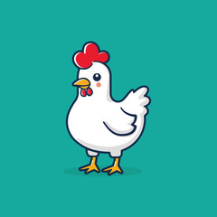 Adorable cartoon chicken with bright red comb and cheerful eyes on a teal background