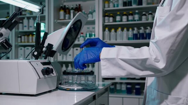 technician loading analyzer with sample trays wearing blue gloves, reagent bottles and labeled shelves in background, automated diagnostic processing and methodical workflow under bright bench lights
