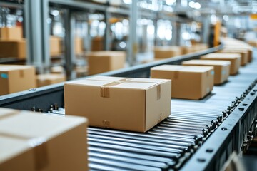 Cardboard boxes move along a conveyor belt in a busy warehouse, symbolizing distribution and logistics
