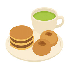 抹茶と和菓子の盛り合わせイラスト。どら焼きや饅頭と抹茶をセットにした和風スイーツのティータイムを表現したデザイン素材
