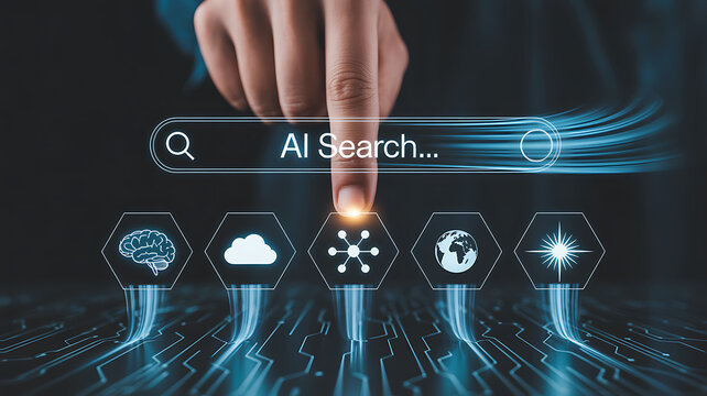 Finger touching an ai search icon, representing artificial intelligence, machine learning, and advanced technology in data processing and information retrieval