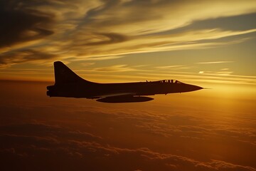 A fighter jet silhouette gracefully cuts through the vibrant orange sky at sunset