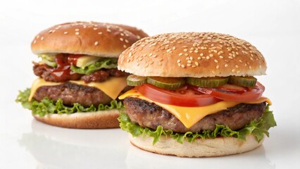 Black background tasty beef cheeseburger on a sesame seed bun with fresh lettuce, tomato, and onion for a fast food lunch meal