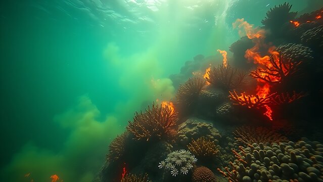 toxicology. A terrifyingly beautiful underwater scene where the coral reef is consumed by an acidic neon-green and orange haze. ESG reports.