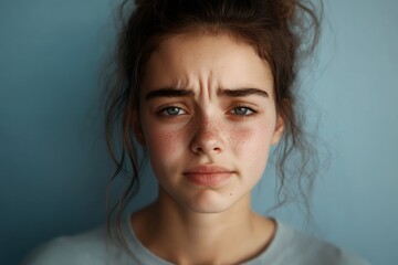 A young girl with freckles and a worried expression, set against a blue background