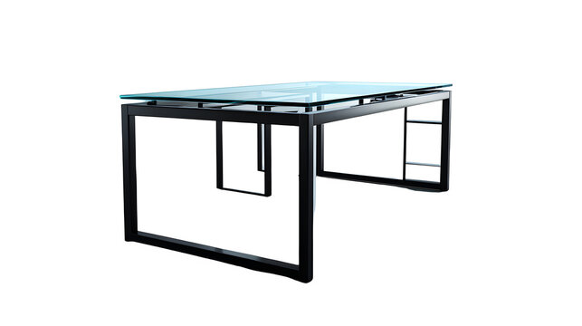 Minimalist glass top executive desk, thin black metal frame, ultra-detailed reflections, isolated on transparent background, photo-realistic