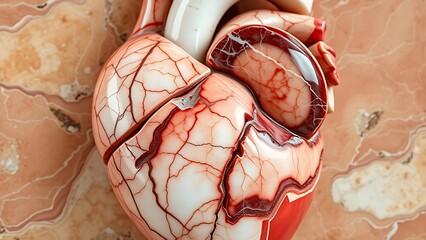 encroaching. A marble-sculpted human heart cross-section with a glossy, fatty texture encroaching on one side. STEM education sheets.