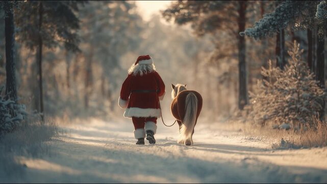 Christmas scene with Santa Claus in a red suit walking with a horse along a snowy forest path at sunrise. The winter landscape creates a serene and festive atmosphere. Video made using Generative AI. - Powered by Adobe