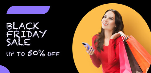 Black Friday Sale banner ad concept - happy smile woman in red sweater hold shop bags, smartphone mobile phone, isolate orange yellow background. Mockup template design banner. Up to 50% off sign text