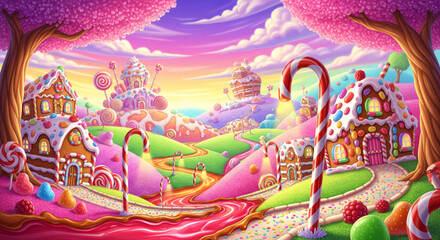 Naklejka premium Whimsical Candy Land Landscape Illustration Gingerbread Houses, Candy Canes, Lollipop Trees, Sweet River, Pink Sky, Fantasy World.