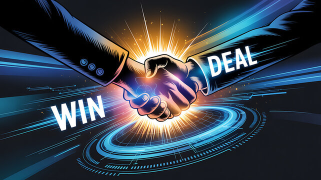 A handshake with the words win deal, symbolizing a successful business agreement, partnership, and collaboration, with a futuristic design - Powered by Adobe