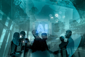 An enterprise AI platform concept. The central processor integrates with business solutions like cloud computing, security, and process automation for corporate growth and innovation. Fermion