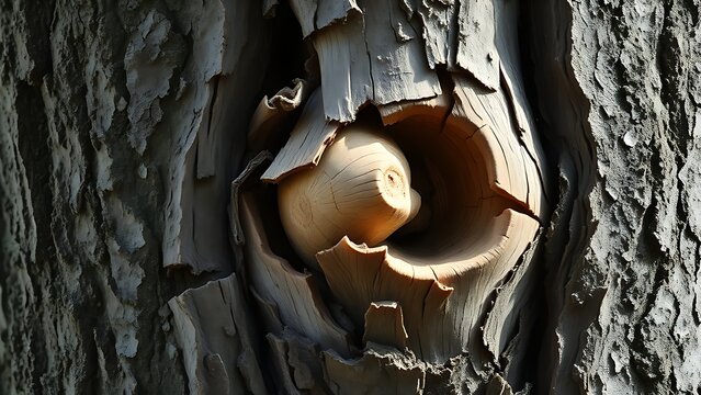 custodianship. Close-up of tree trunk with abnormal swelling and torn bark, textured botanical imperfection. gardening catalogs, home-decor guides, designed for gardening and botanical catalogs.