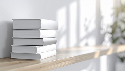 Stack of White Books on Wooden Shelf with Sunlight  Minimalist Decor.