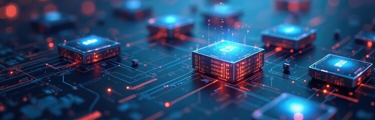 Abstract tech photo of data processing on circuit board. Digital cloud ai processing tech. Network system connection with glowing elements. Cyber security background with innovative technologies.