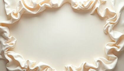 Creamy draped fabric forms a textured border on a light neutral background. This blank space is ideal for text or design elements. Soft elegance for invitations or web layouts.