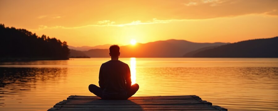 Man sits in lotus pose on wooden jetty over calm lake. Sun sets behind distant hills casting warm golden light. Peaceful silhouette reflects on water surface.
