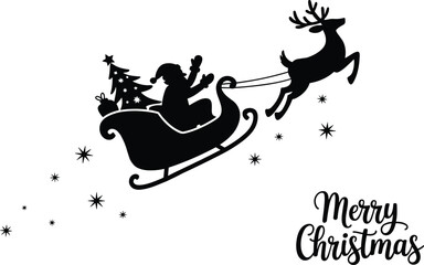 WebBlack silhouette vector of Santa Claus riding sleigh with reindeer and Christmas tree, festive winter holiday illustration for greeting card and decoration design