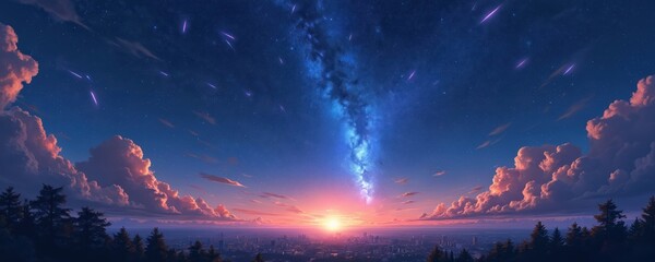 Fototapeta premium Cityscape skyline at twilight with glowing milky way and pink clouds. Meteor shower streaks across night sky above silhouetted forest. Sun sets on horizon with bright light.