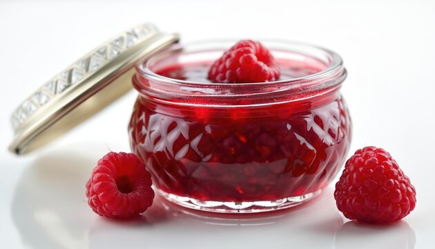 Close up of a glass jar filled with homemade raspberry jam. Whole raspberries rest on the jar and beside it. A shiny metal lid sits ajar nearby on a clean white surface.