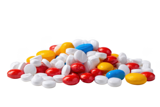 Pile of colorful pills and tablets isolated on transparent background