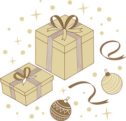 Christmas composition vector on white background with golden gift boxes, ribbons, bows, ornaments, and confetti, festive elegant holiday design.