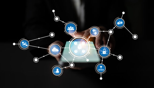 A dynamic representation of digital networking shows hands using a tablet surrounded by icons, highlighting themes of technology, communication, and innovation. Crux