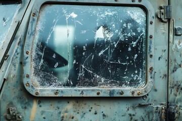 A close-up view of a weathered vehicle window, showing scratches and wear on the glass surface