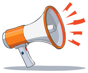 Vibrant Orange and White Megaphone Cartoon Icon with Loud Sound Waves for Promotions and Announcements