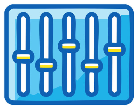 Graphic style equalizer or slider adjustment panel with yellow accents, blue and white tones, controls graphic illustration.