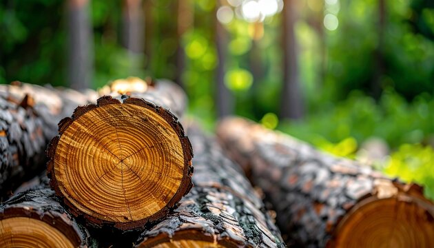 Stacked Pine Logs with Tree Rings Closeup, Forest Background, and Sustainable Forestry Concept.