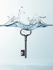 An antique metal key is partially submerged in clear water, causing a dynamic splash and ripples on the surface.