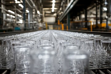 Rows of clear glass bottles lined up on a factory conveyor belt, showcasing industrial production and precision