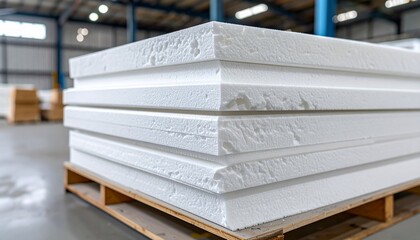 Stacked white insulation panels on a pallet in a warehouse with industrial background.