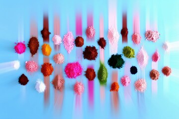 A collection of small piles of colorful powders, including pink, orange, brown, green, and white, are arranged in rows on a blue surface with a motion blur effe