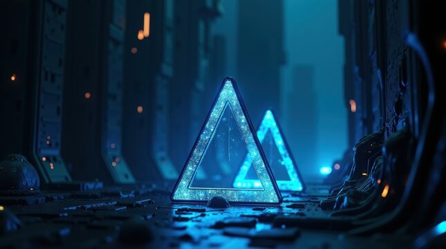 Mysterious glowing blue pyramids in a dark futuristic forest at night - Powered by Adobe