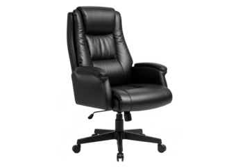 Executive high back black leather office chair with padded armrests and lumbar support isolated on transparent background