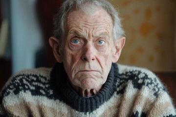 A close-up portrait of a thoughtful elderly man wearing a patterned sweater, evoking emotion and wisdom