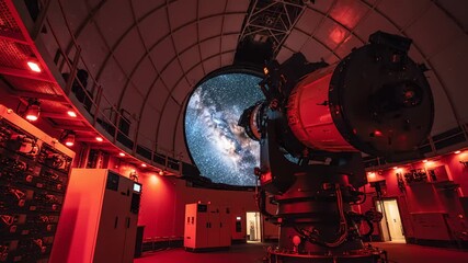 Telescope Viewing the Milky Way From Inside Red Lit Observatory Dome