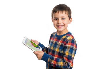 A young boy with dark hair and a bright smile holds an open book engrossed in reading isolated on transparent background