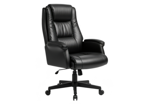 Executive high back black leather office chair with padded armrests and lumbar support isolated on transparent background