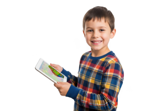 A young boy with dark hair and a bright smile holds an open book engrossed in reading isolated on transparent background