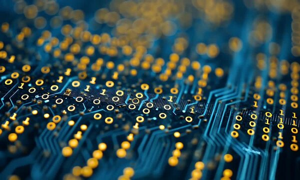 Close up of the binary code on an electronic circuit board with glowing lines and digital data flow in a dark background representing technology and information processing